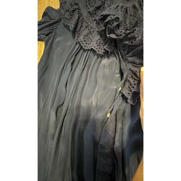 Nikki Chasin Small Sonnet Dress Ruffle Collar Cuff Eyelet Button Maxi Silky Navy - Picture 13 of 15
